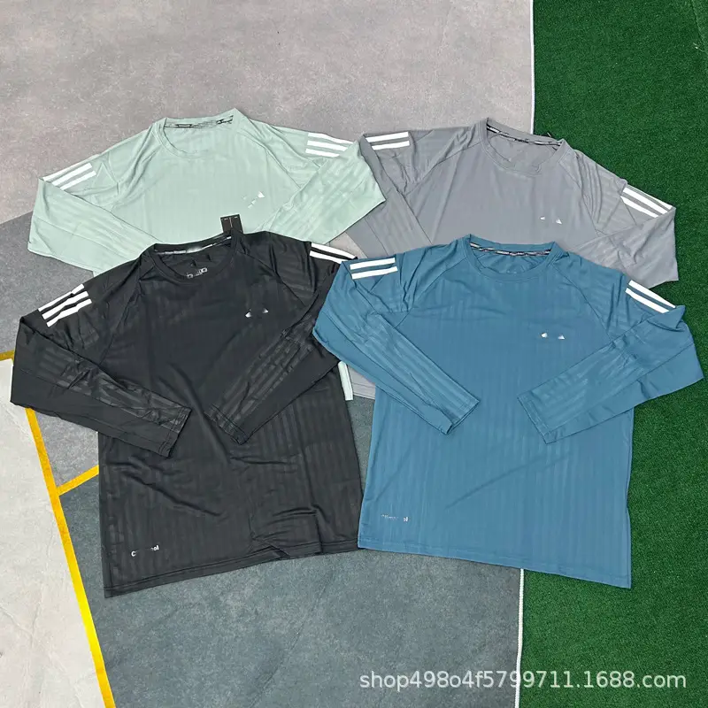 Foreign Trade New Batch of Sports Running Fitness Training Ice Silk Elastic Quick-Drying Track and Field Men's Long-Sleeved Sports T-Shirt Tops
