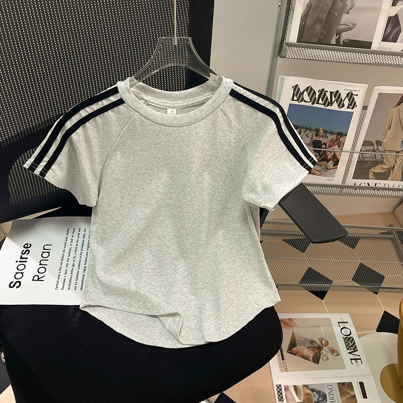 2024 Summer New Shoulder Three Bars Cotton Short-sleeved T-shirt Women's Slim-fit Slimming Short Raglan Sleeve Top Trendy