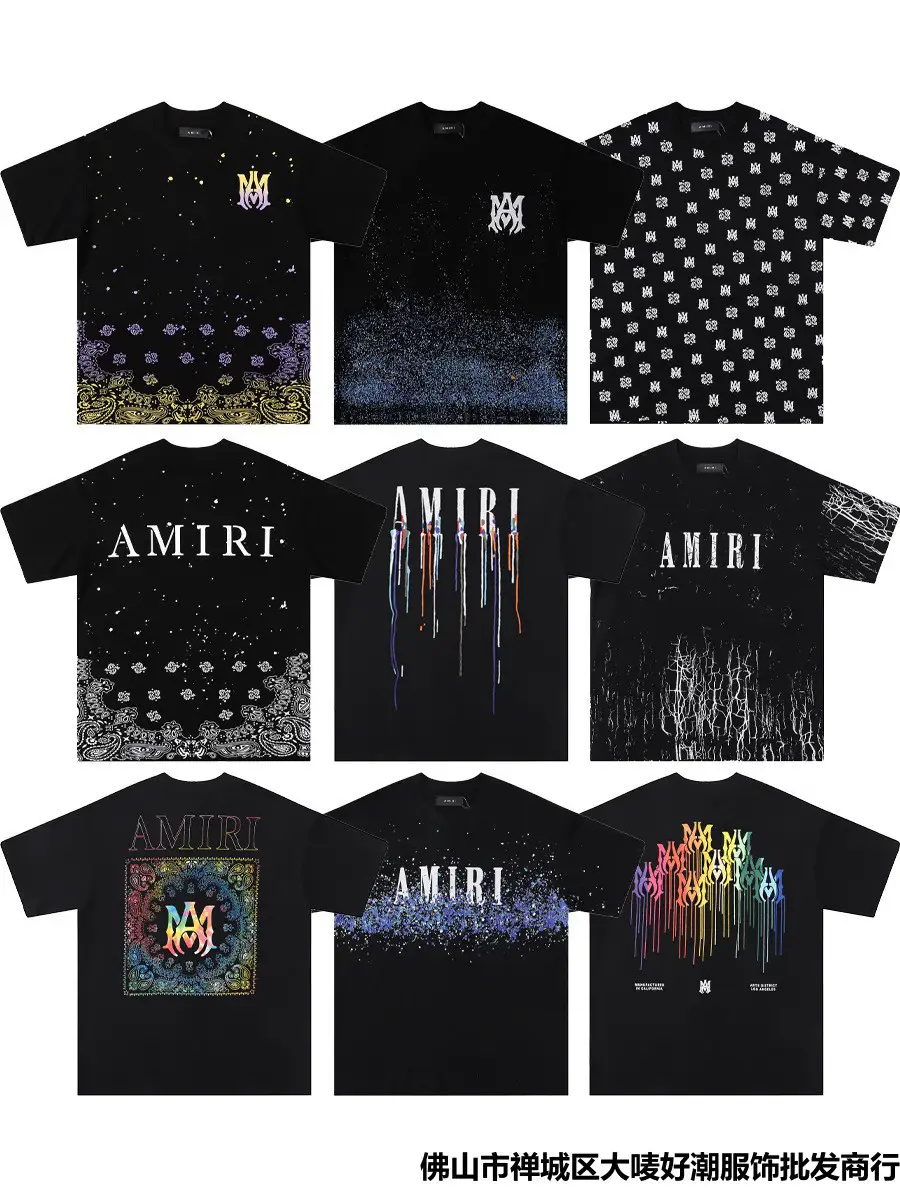 High Version Collection Amiri Summer Short-Sleeved Letter Fluid Splash Ink Printed Round Neck Men's Short-Sleeved T-Shirt Cross-Border Trend