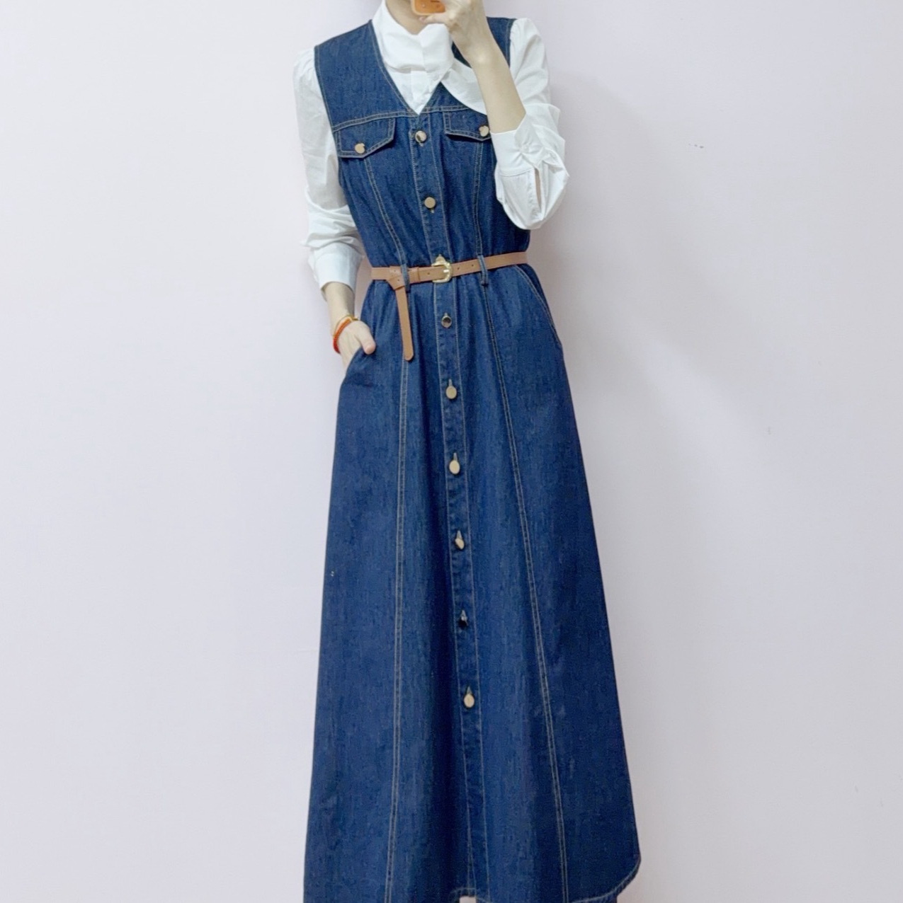 2026 Spring New Fashion Versatile Solid Color Shirt + Denim Sleeveless Dress Two-Piece Set 731