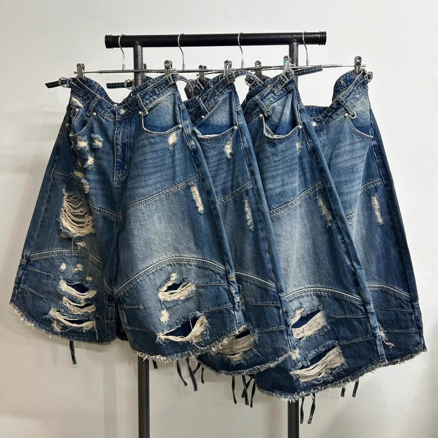 Badblood Bcac Series Retro Ripped Jeans for Women, Street Casual Niche Washed Wide-Leg Cropped Pants