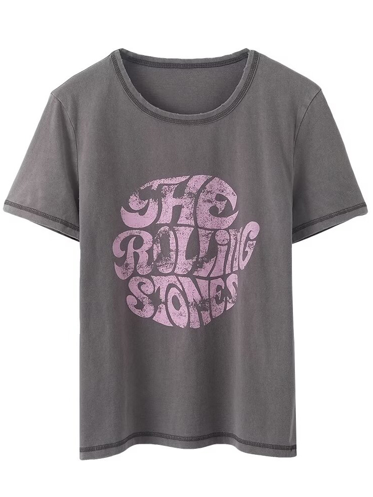 2025 New Summer Women's Clothing Retro Washed Distressed Printed Right Shoulder Beautiful Short Slim Short-Sleeved T-Shirt Top