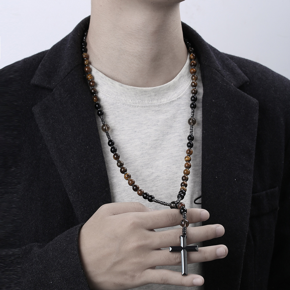 Vintage Yellow Tiger Eye Beaded Necklace Cross Pendant Long Bead Chain Men's and Women's Accessories Fashion Sweater Chain QC-foto från 1688 på Qualit.ly