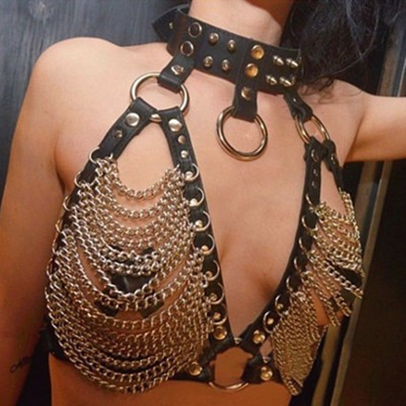 European and American Cross-border Pointed Rivet Punk Collar Women's Belt Performance Sexy Chest Belt Punk Waist Chain