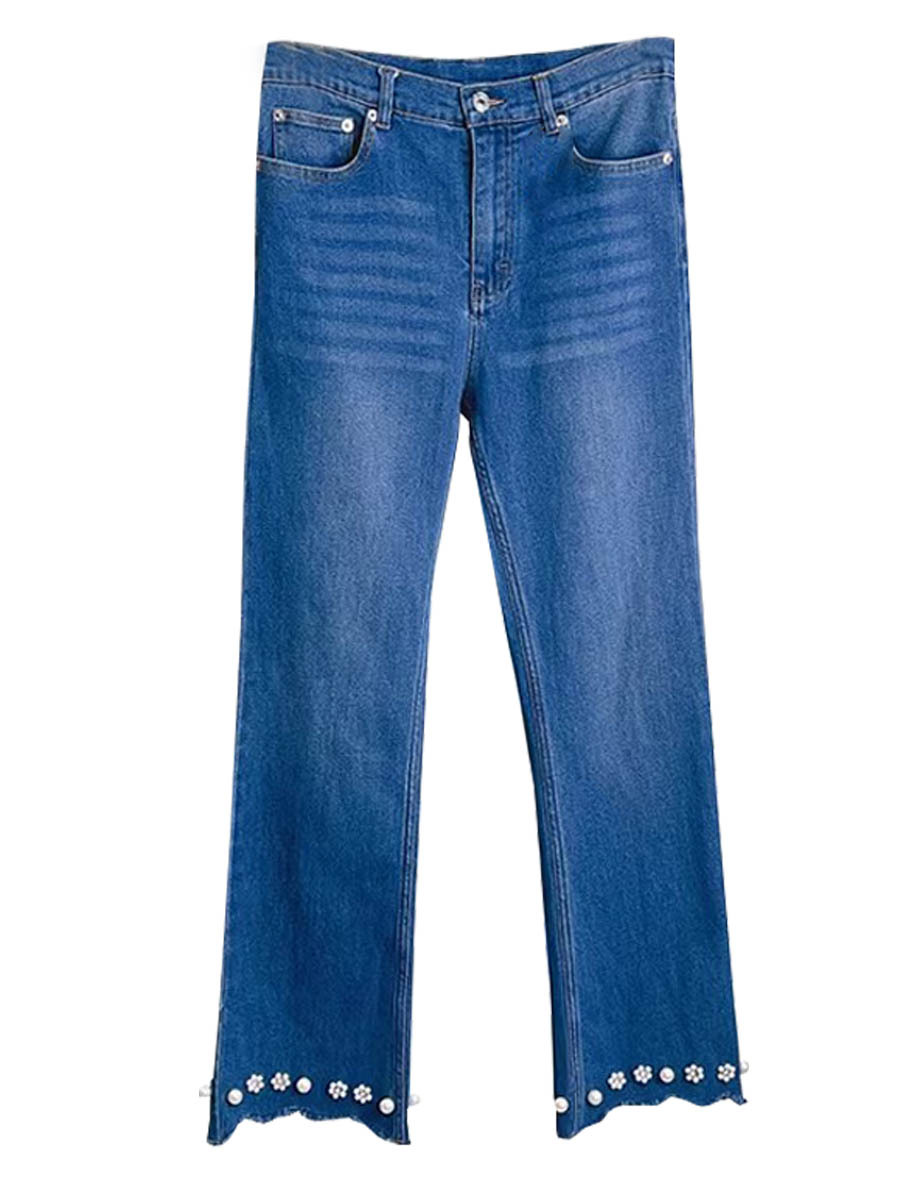 French Brand m's 2026 Spring/Summer New Fashion Low-Waist Straight-Leg Jeans with Beaded Hem and Frayed Edges in Denim Blue