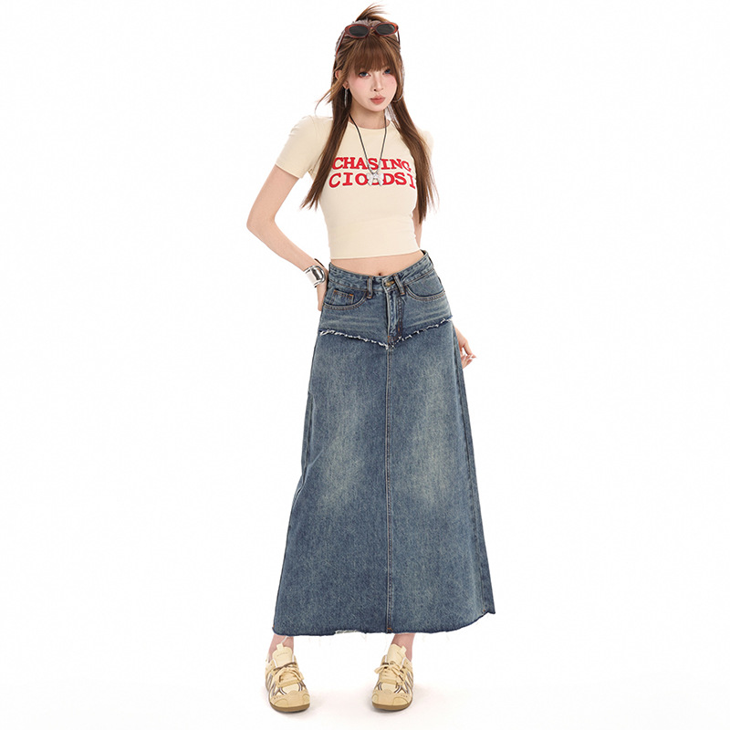 Vintage Distressed Denim Skirt for Women, 2026 Summer New High-Waisted Loose A-Line Slimming Fringed Mid-Length Skirt