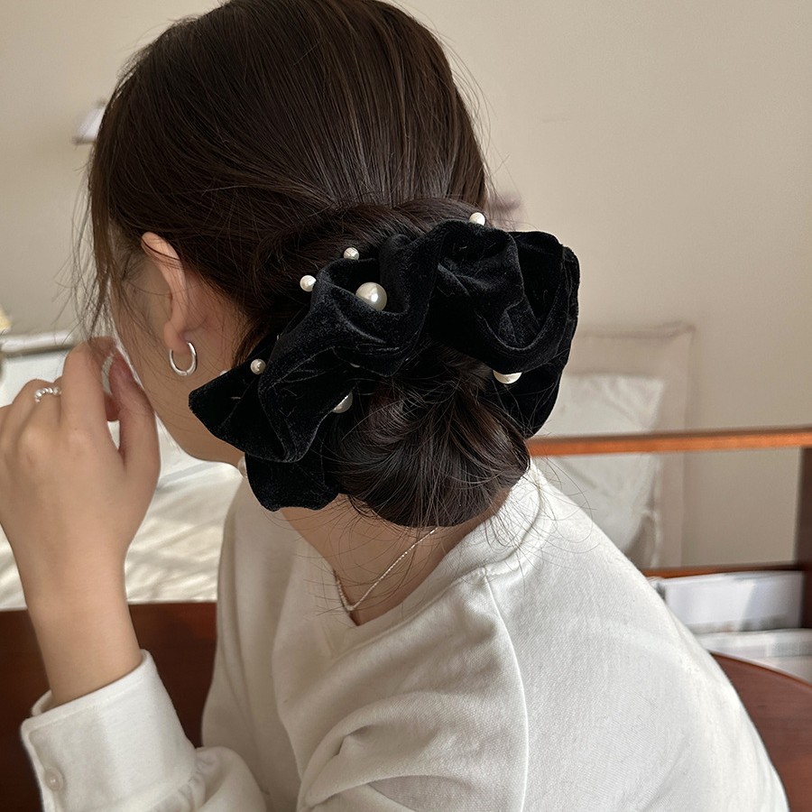 Vintage Autumn and Winter Pearl Pleated Bowel Hair Ring Textured Headline French Style Lazy Bowel Hair Accessories for Girls