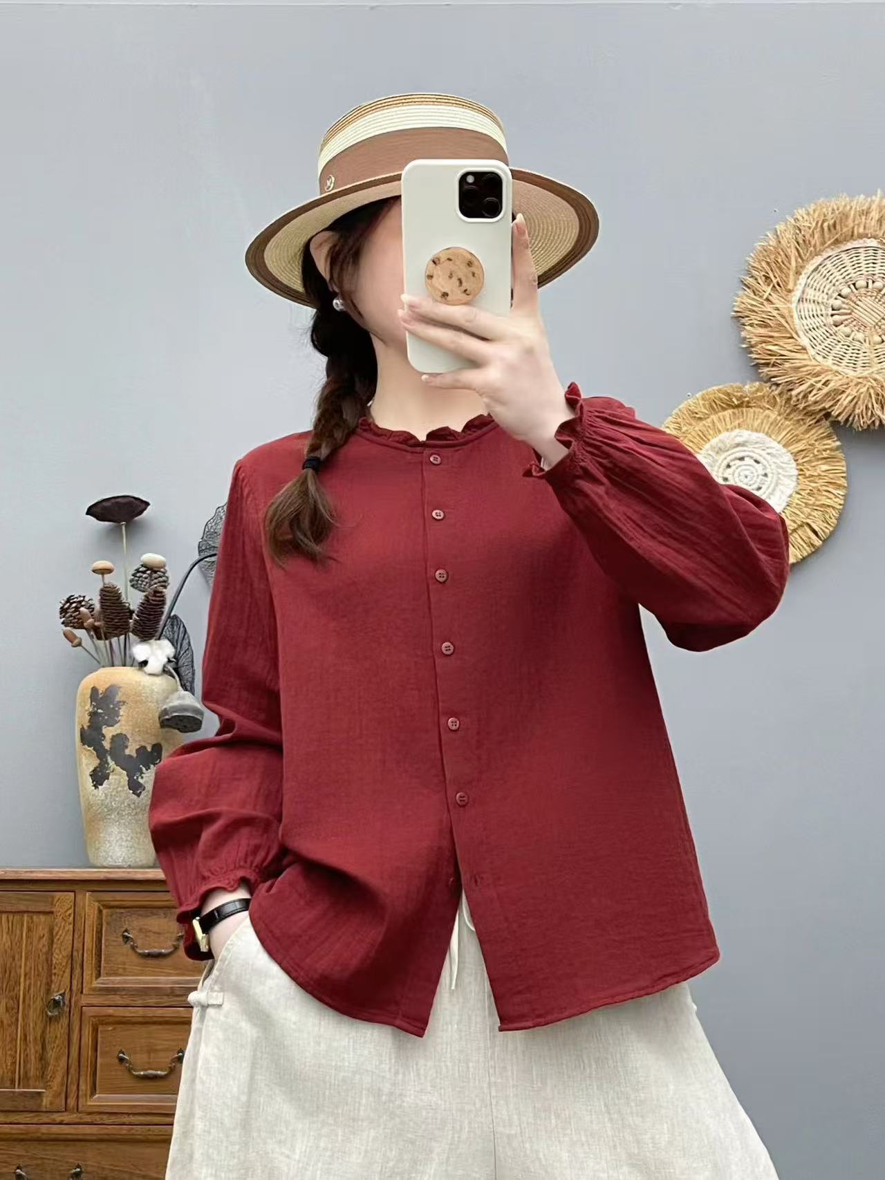 2026 Spring Long-Sleeve Women's Shirt with Ruffled Collar, Double-Layer Gauze Loose Casual Shirt, Skin-Friendly