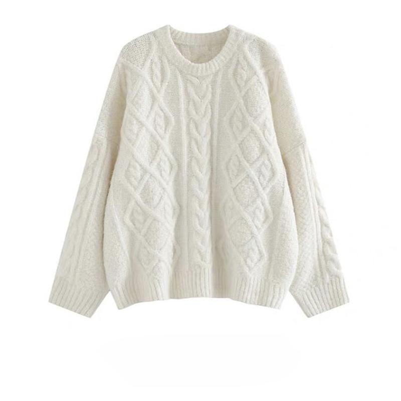 Twist Sweater Women's Autumn and Winter Soft Glutinous All-match Creamy White Crew Neck Loose Pullover Lazy Style Outer Wear Knitted Sweater