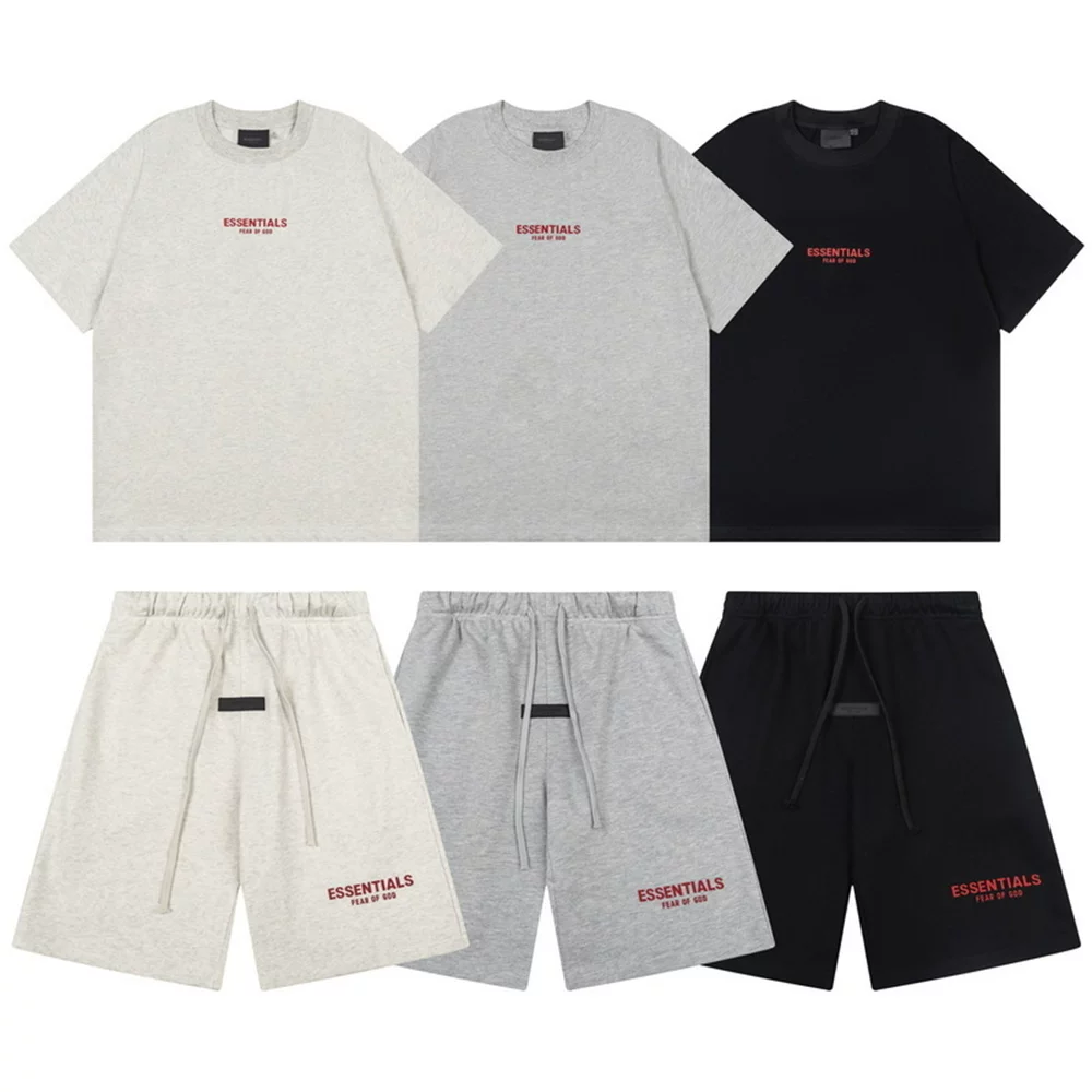 FOG Double Line ESSENTIALS Red Silicone Letter Printed Summer Trendy Short Sleeve T-shirt Casual Shorts Set