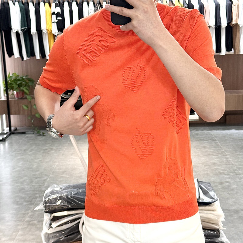 2025 European Luxury Men's Knit Ice Silk Short-Sleeve T-Shirt, Solid Color, Fashionable and Versatile Summer Top 25232