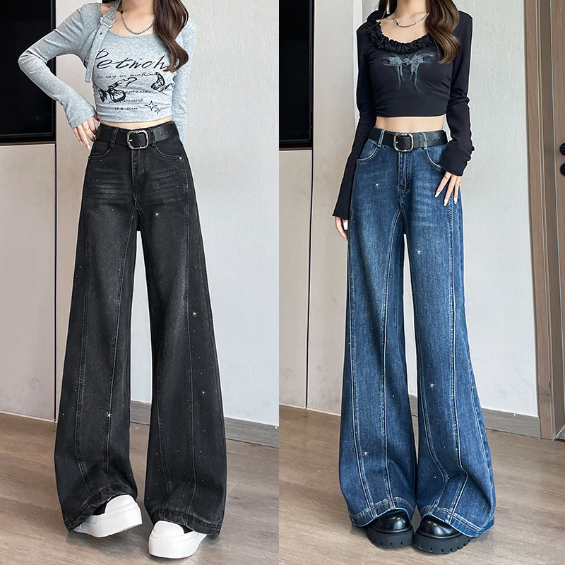 New Stylish Design with Rhinestones, Slim-Fit High-Waisted Loose Wide-Leg Floor-Length Jeans for Women, Fleece-Lined Long Pants