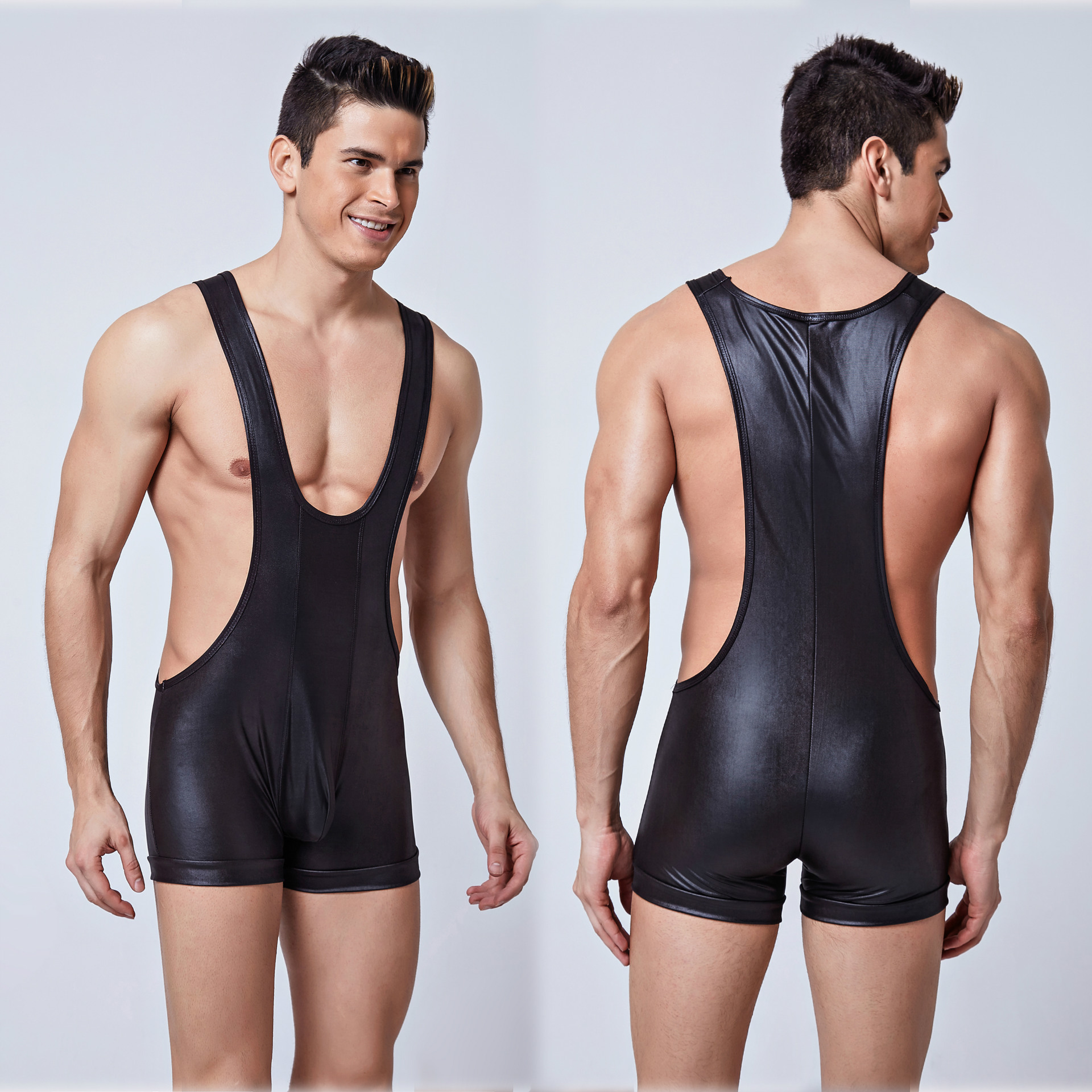 Factory wholesale European and American foreign trade bright imitation patent leather men's jumpsuit tight sexy sports sexy underwear