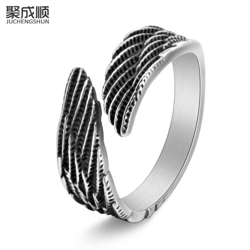 Cross-Border European and American Personalized Retro Wings Angel Wings Titanium Steel Men's Open Ring Trendy Feather Jewelry Ring