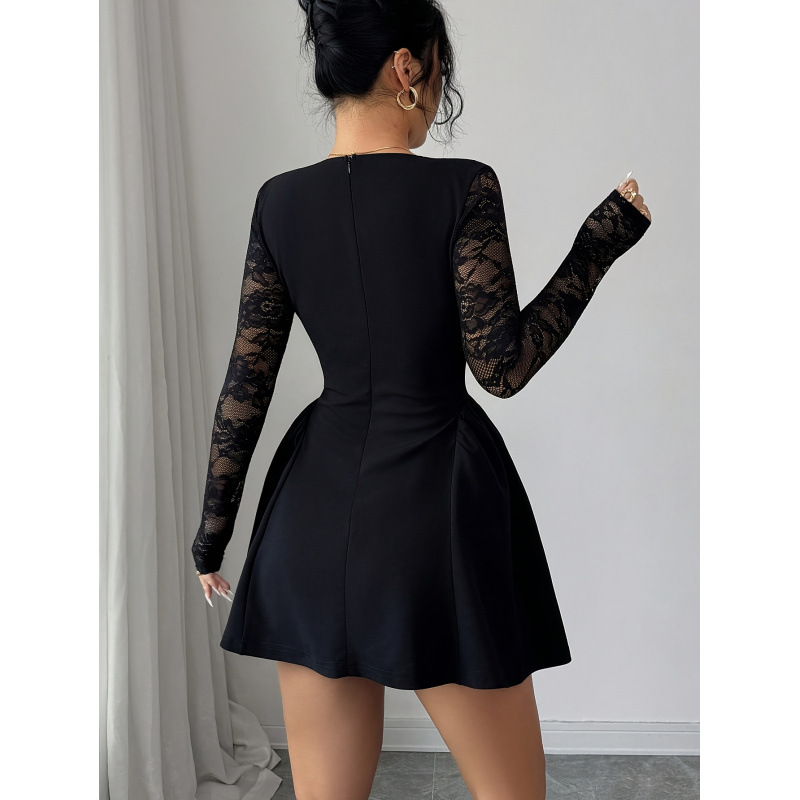 Amazon Women's Fashionable and Elegant Solid Color Lace Patchwork V-Neck Long Sleeve Waist-Cinched Short Dress