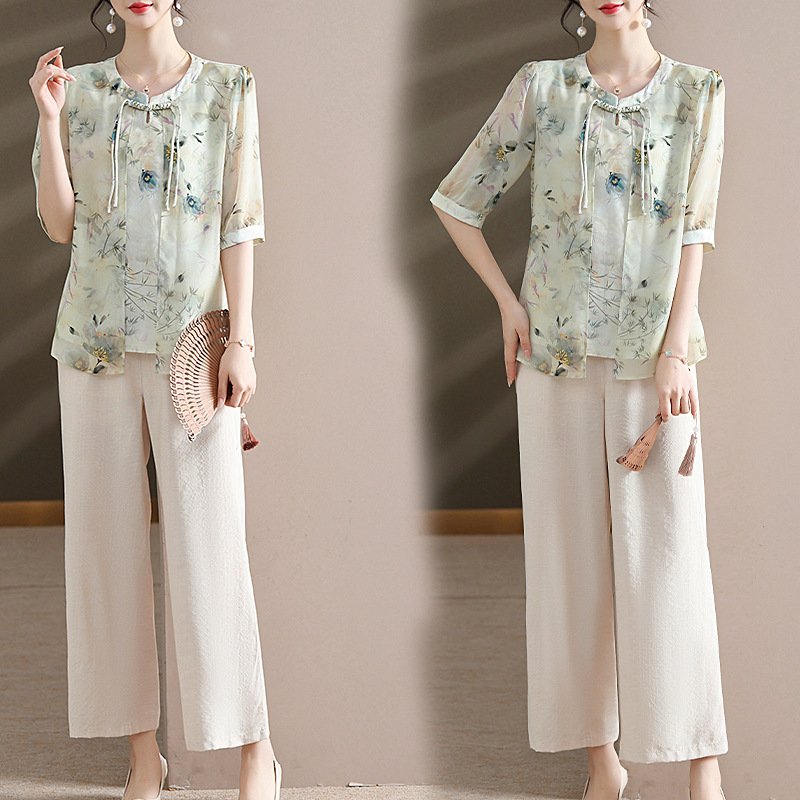 Chinese Style Organza Splicing Short-Sleeved Shirt Cotton and Linen Wide-Leg Pants Suit Women's 2025 Summer Top Three-Quarter Pants Two-Piece Set