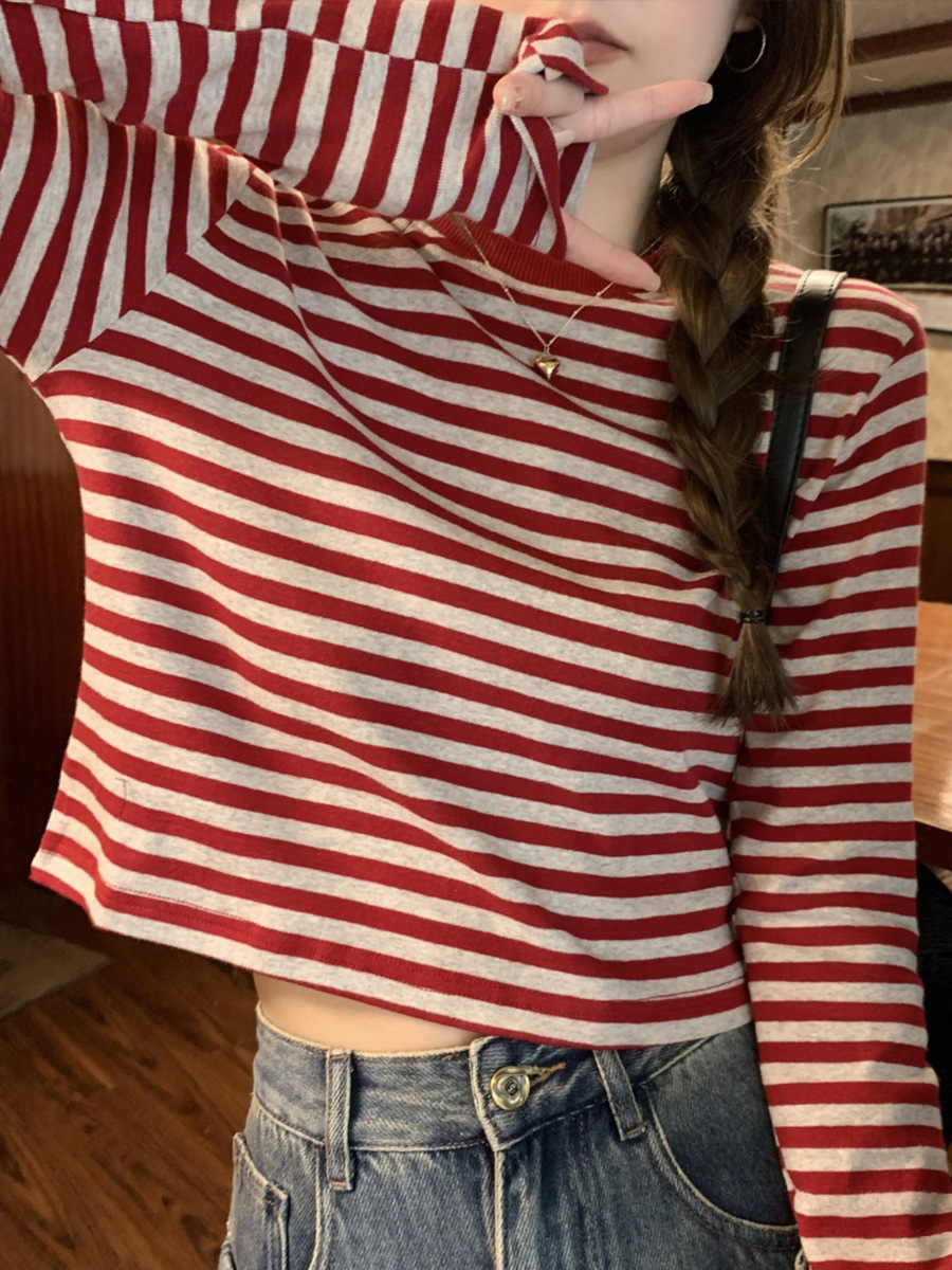 Cross-Border Red Stripesd Short T-Shirt for Women in Autumn and Winter New Sexy Loose Contrasting Color Navel-Baring Top for Women with Long Sleeves