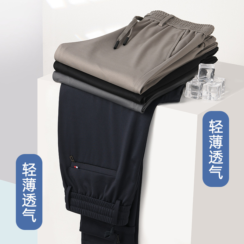 High-End Men's Summer Thin Ice Silk Casual Pants Elastic Quick-Drying Sports Pants Elastic Waist Men's Straight Air Conditioner