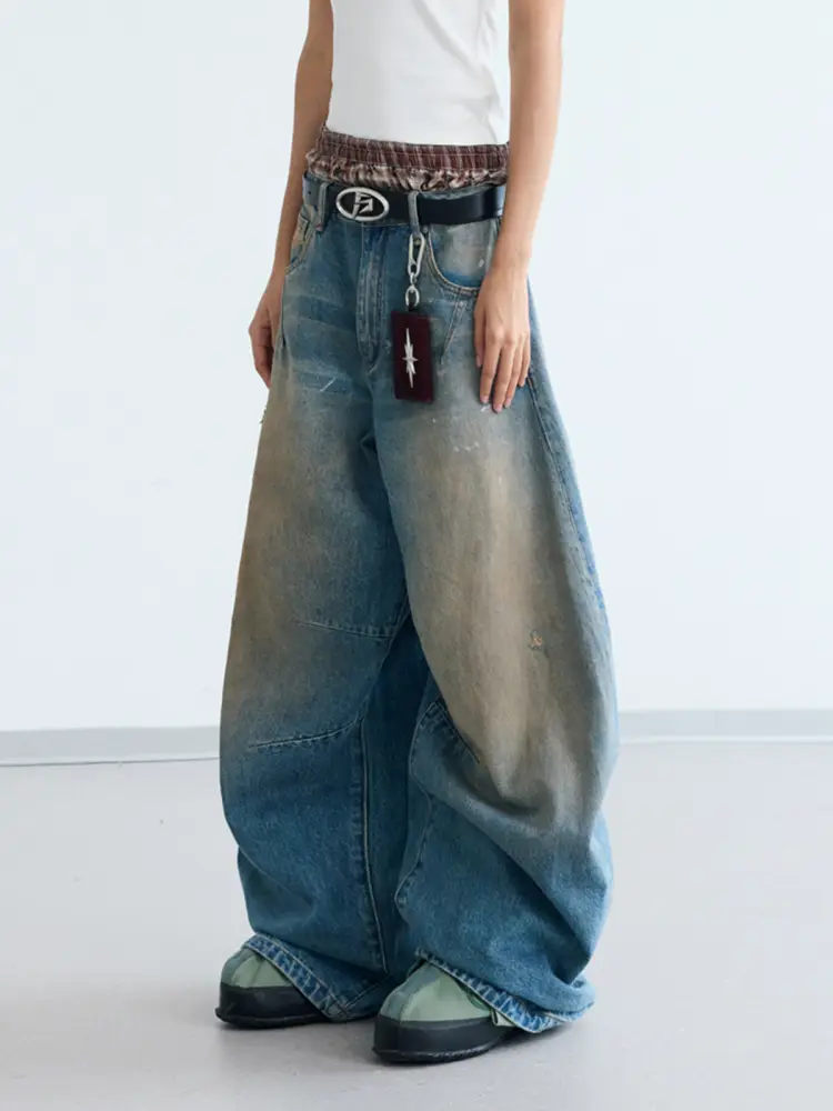 Peoplesense Yellow Mud Dyed Dirty Scimitar Washed Wide Legs Denim American retro Distressed Loose pants