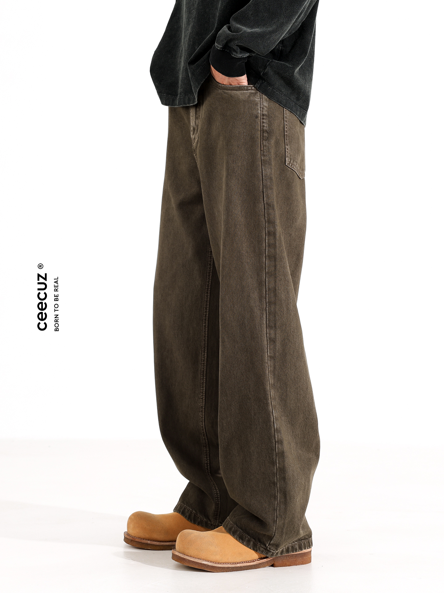 Ceecuz Retro Vintage Washed Jeans Men's American-Style Loose Silhouette Wide-Leg Casual Long Pants