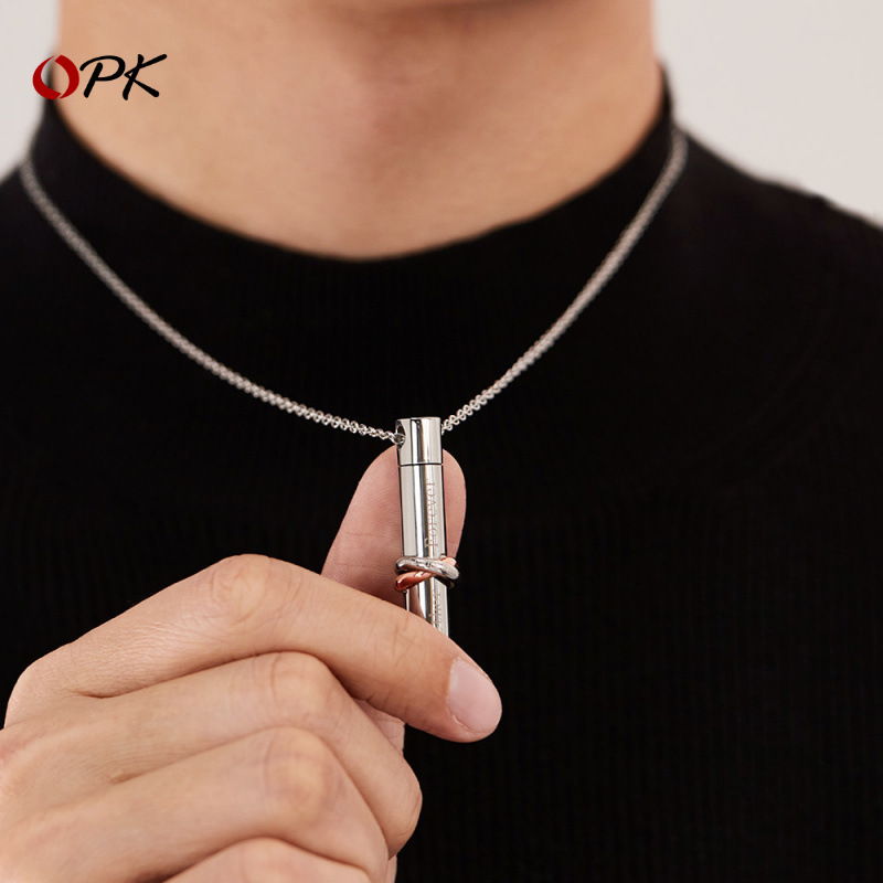 OPK Cross-border European and American Creative Necklace Stainless Steel Cylindrical Cinerabox Memorial Family Pet Pendant Titanium Steel Necklace