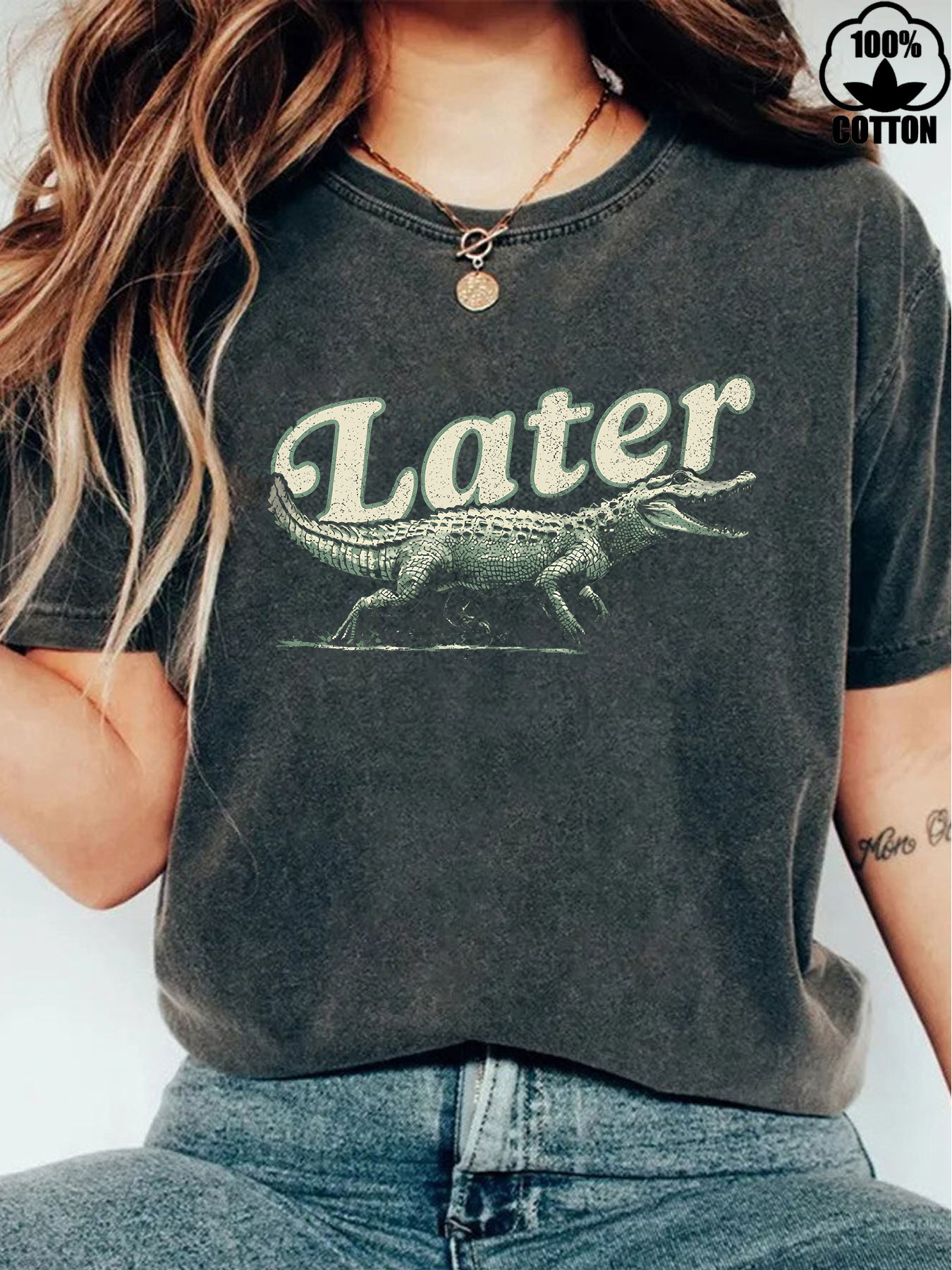In-Stock European and American Style Round Neck T-Shirt, Fashionable Pure Cotton Washed Vintage Fun Crocodile Print Top, Women's Loose Short-Sleeve T-Shirt