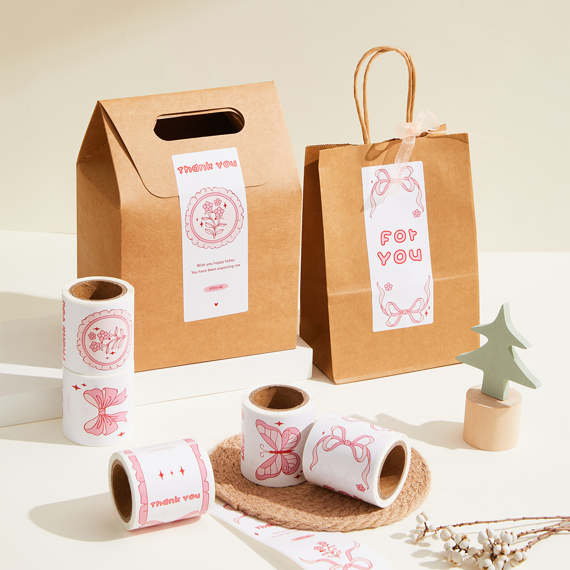 Bow-Shaped Thank You Packaging Stickers, Sweet Style, Rectangular Self-Adhesive