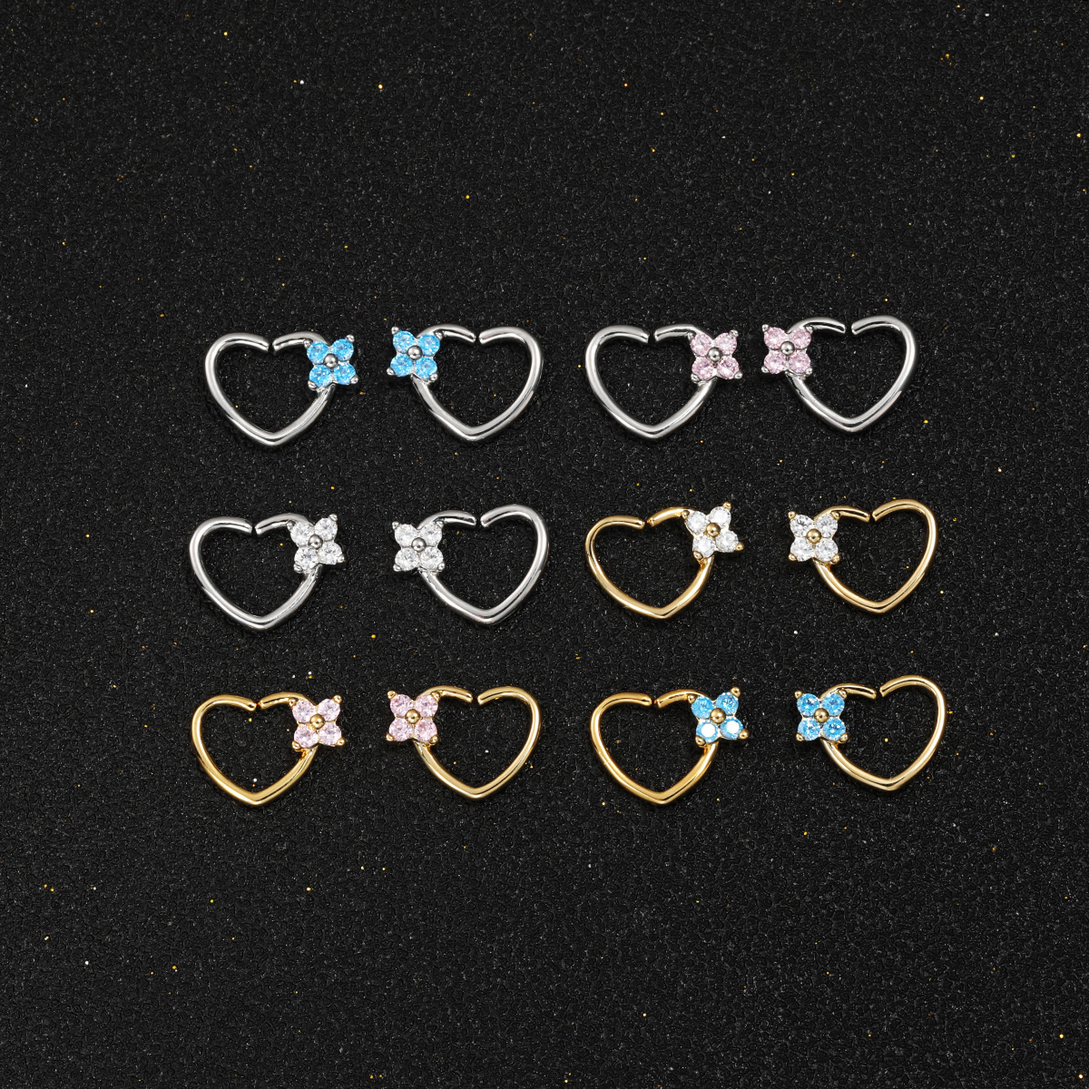 in stock Hot Piercing Jewelry Nose Ring Love Micro-inlaid Flower Zircon Ear Nail Advanced Sense Heart-shaped Exquisite Nose