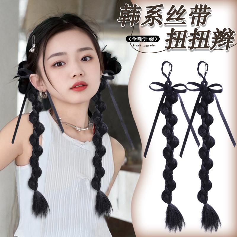 Korean Style Children's Wig Braid Clamp 2024 New Girls' Ribbon Braided Headwear New Chinese Pony Tail Wig