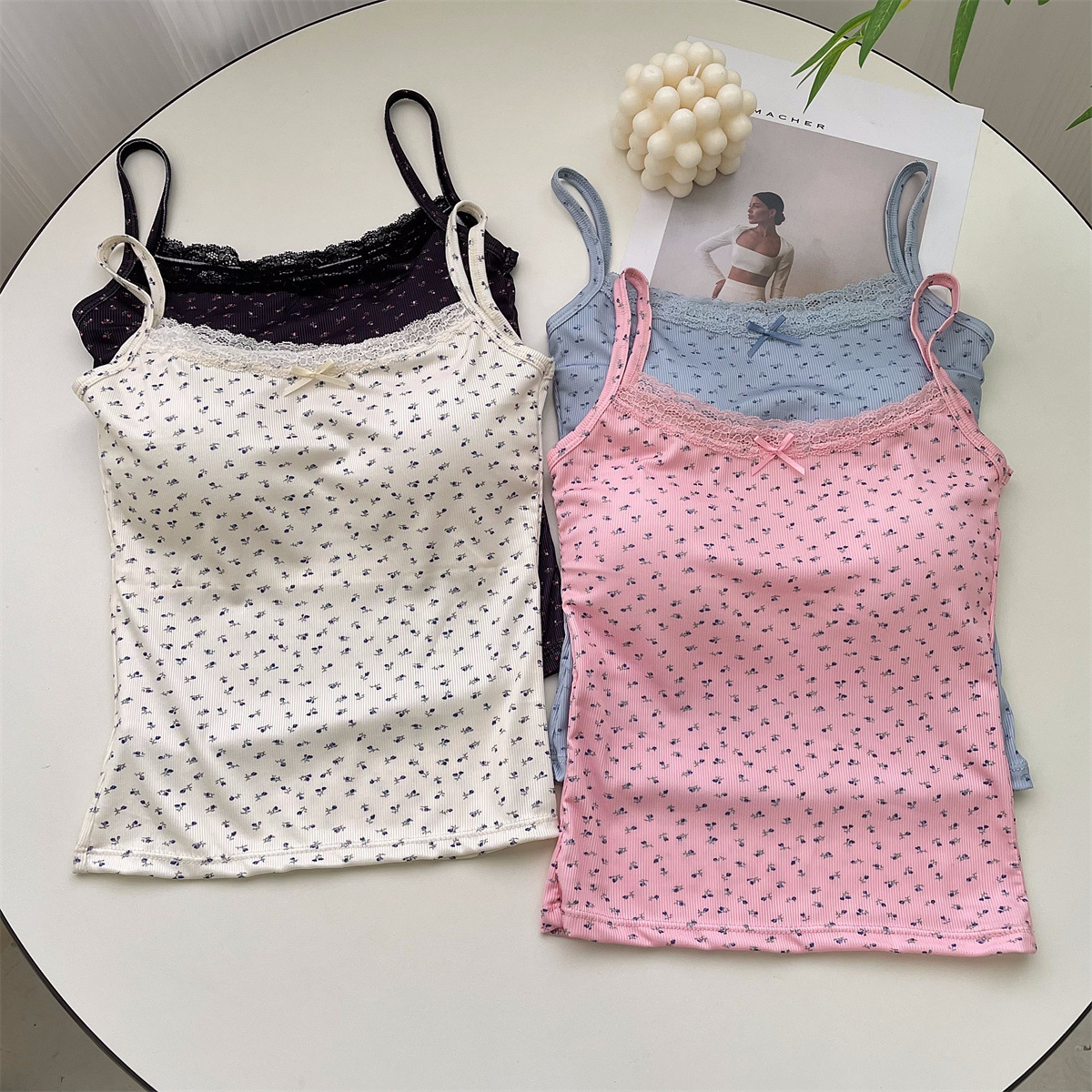 9094 Summer Ice Silk Printed Camisole Women's Japanese Style Floral Inner Lace Small Sling Can Be Worn Outer Top Women