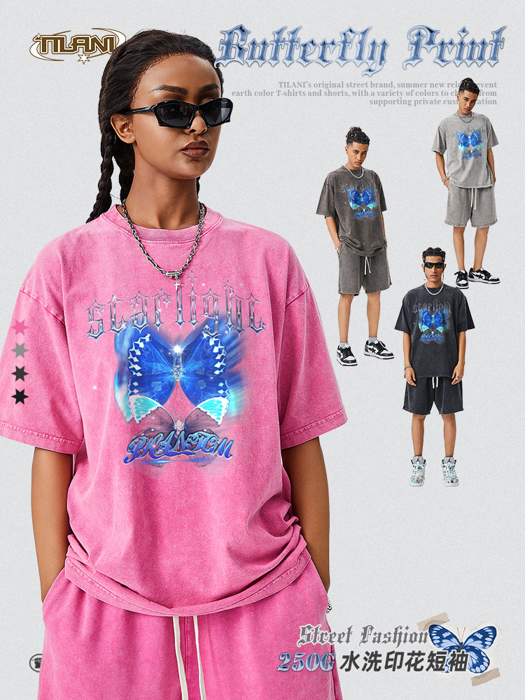 Tilani Men's Retro Butterfly Digital Printed Short-Sleeved Gothic Style t Punk Street Long-Sleeved Washed Trendy Brand