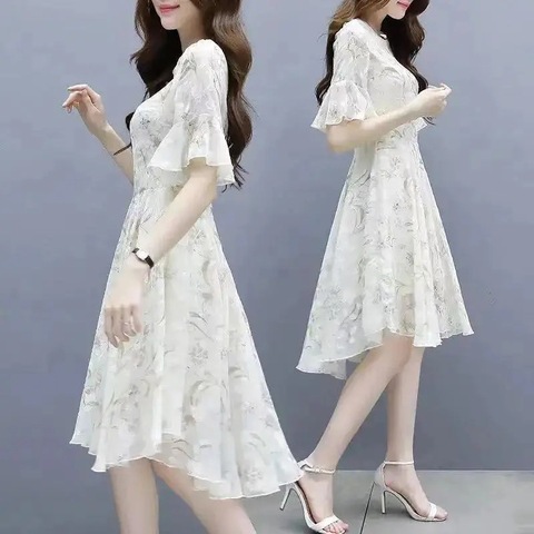 Women's Summer Dress Small 2022 New Slim-fit Slimming Super Fairy Elegant Ice Silk Floral Belly Covering Dress