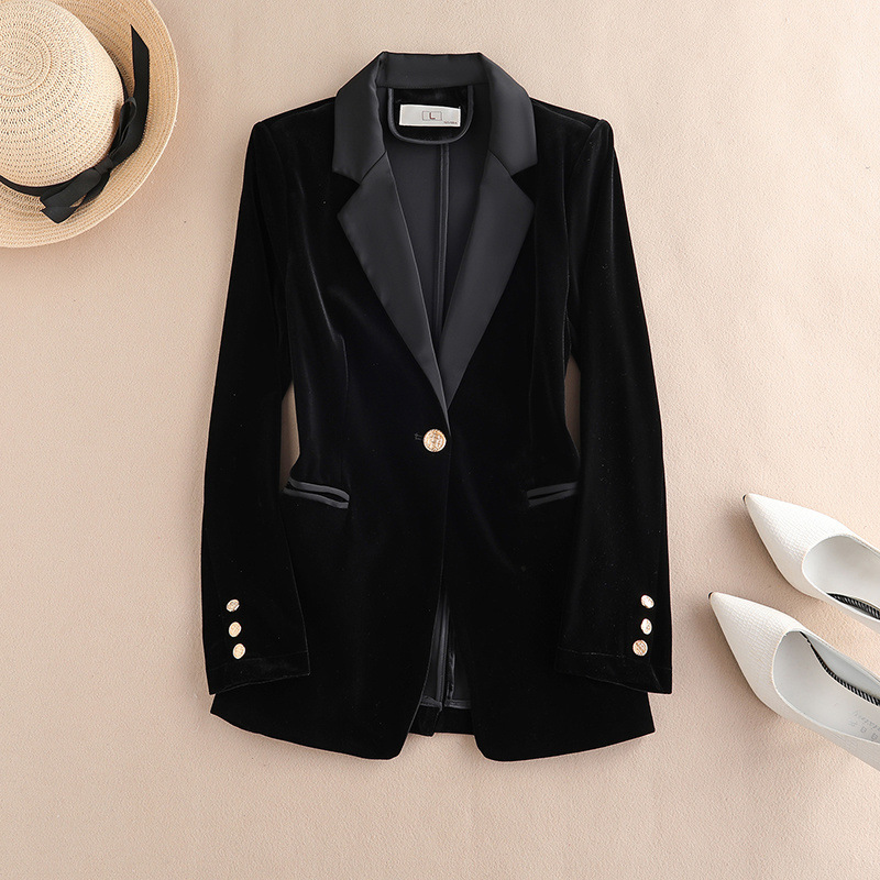 Golden Velvet Small Suit Jacket Women's Spring and Autumn High-end Professional Fashion Elegant Dagging Black Suit suit