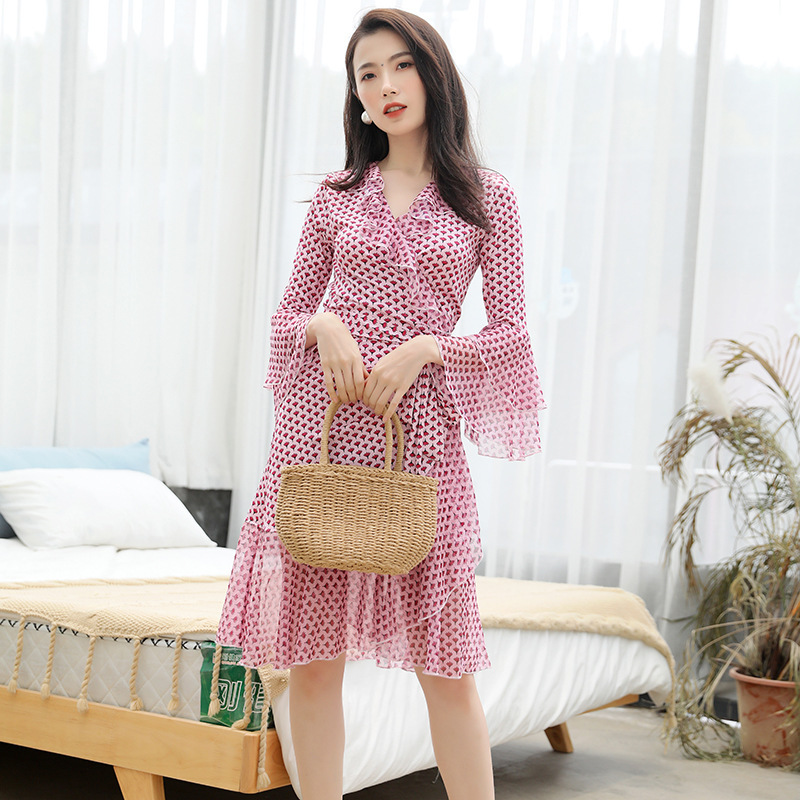 Romantic Pink Printed Ruffle Dress, Summer One-Piece Belted Dress with Bell Sleeves, Elegant and Suitable for Work