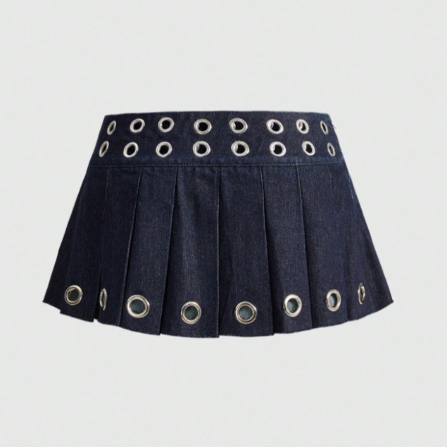 European and American Cross-Border Sweet Girl Summer New Y2K Washed Fashion Personality Spicy Girl Perforated Design Denim Pleated Skirt