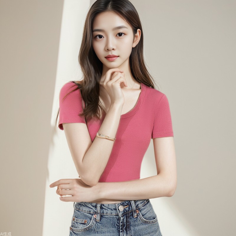 Women's Large Round Neck Short-Sleeved T-Shirt, Summer Slim Fit, Stretchy, Slimming, Sexy Crop Top with a High-End Feel