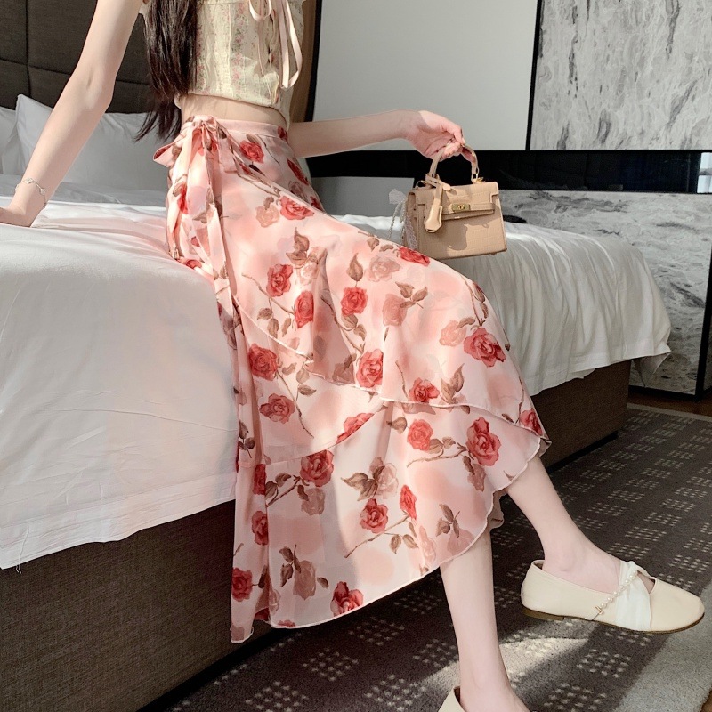 Percy Holiday Style Ruffled Chiffon Skirt Summer Elegant Printed Chiffon Skirt One-piece Lace-up Apron