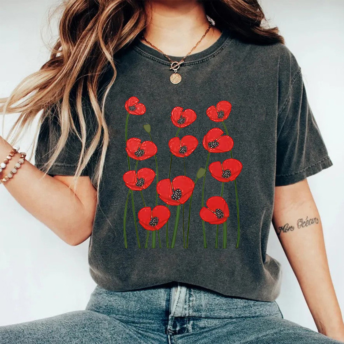 European and American Spot Round Neck Short-Sleeved T-Shirt Pure Cotton Washed Old Floral Summer New Comfortable T-Shirt Cross-Border Hot Sale