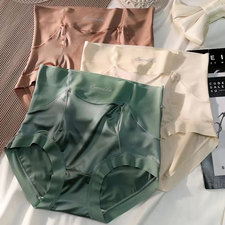 Mid-Waist Popular Underwear for Women, Mid-High Waist, Tummy-Tightening, Butt-Lifting, Light Luxury Satin Seamless Ice Silk Briefs, Breathable, Naked and Comfortable
