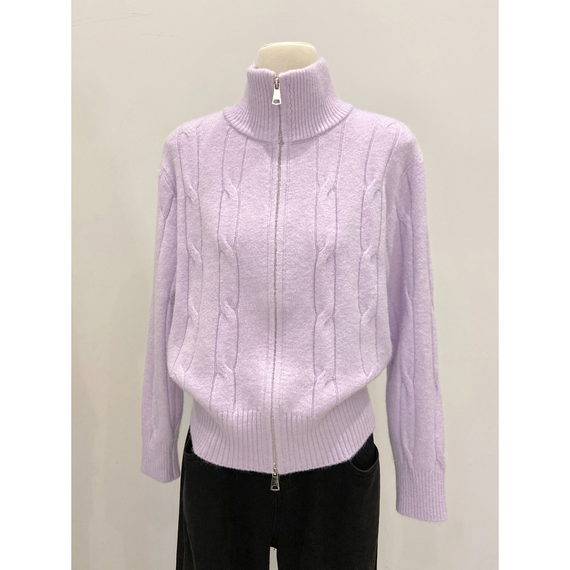 Korean-Style Youthful Double-Zipper Stand-Collar Knitted Cardigan for Women, Autumn and Winter Thickened Cable Knit Jacket, Can Be Worn as Outerwear Sweater