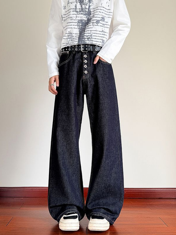 Shanggu Men's Wear Summer New Style Raw Denim Men's Slightly Distressed Jeans American Retro Washed Loose Buttoned Mid-Waist