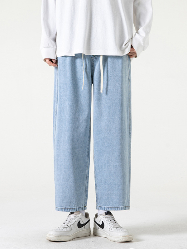 Mingge | 2024 spring new loose straight cropped pants men's Hong Kong style trendy elastic waist lace-up jeans
