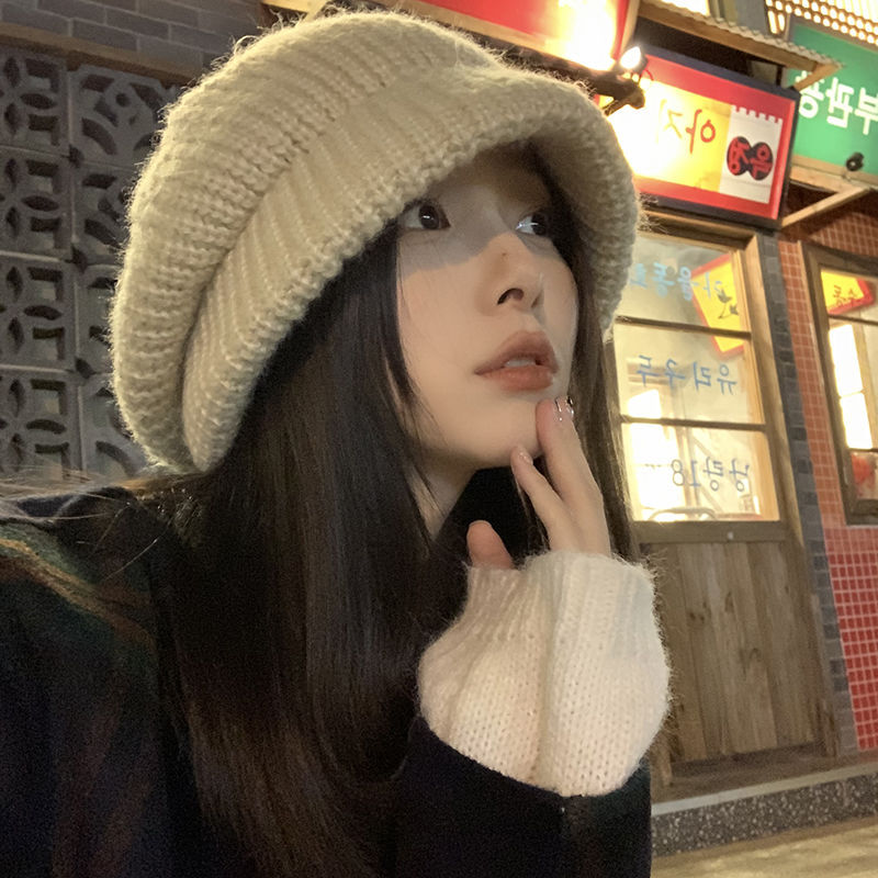 Hat Japanese Style Large Version Big Head Beret Women's Autumn and Winter Knitted Woolen Hat Showing Face Small Pile Hat Winter Fisherman Hat