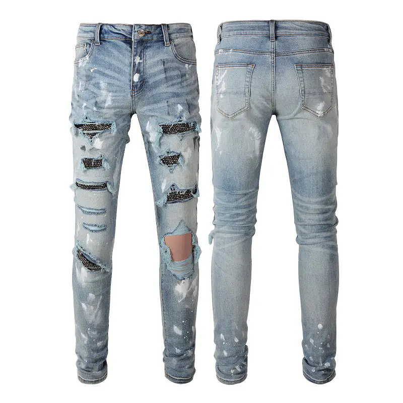 Cross-Border Men's Diamond Jeans Men's Retro Ripped Jeans Men's Trendy Brand High Street Splash-Ink Patch Stretch Pants