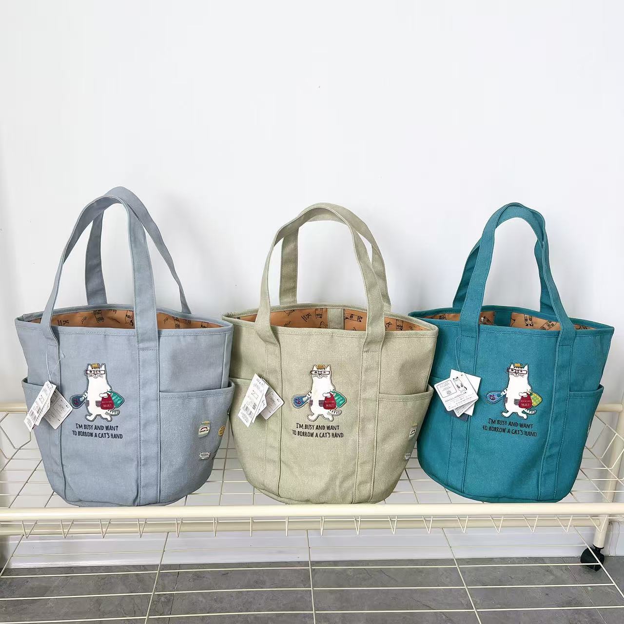 Japanese Kusuguru Authentic Embroidered Glasses Cat Tote Bag Bucket Bag Handbag Canvas Shopping Commuting 400