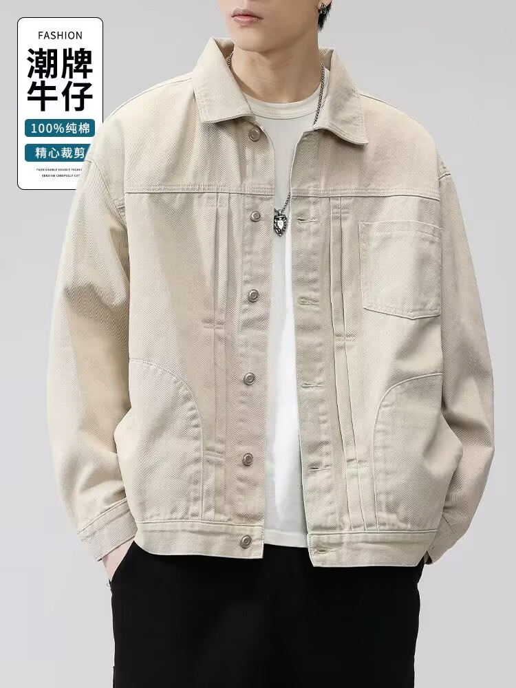 2024 Spring and Autumn New Casual Top Trendy Brand White Workwear Men's Jacket Pure Cotton Denim Jacket for Men