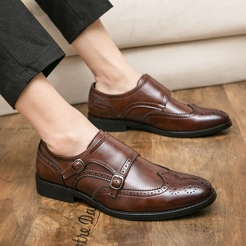 Cross-Border Large Size Carved Brogue Pointed Leather Shoes Formal British Style Business Casual Shoes Monk Shoes Fashionable Men's Shoes