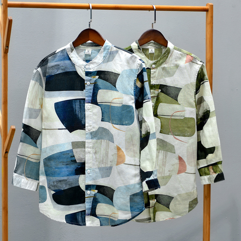 5139 Hong Kong Style Vintage Colorblock Shirt Men's Cotton and Linen Advanced Design Sense Casual Seven-Sleeve Printed Shirt Jacket for Men