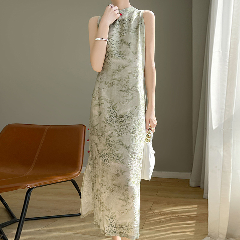 Spring/Summer 2024 New Chinese Style National Style Vertical Collar Floral Dress Printed Atmosphere Elegant Midi Dress for Women