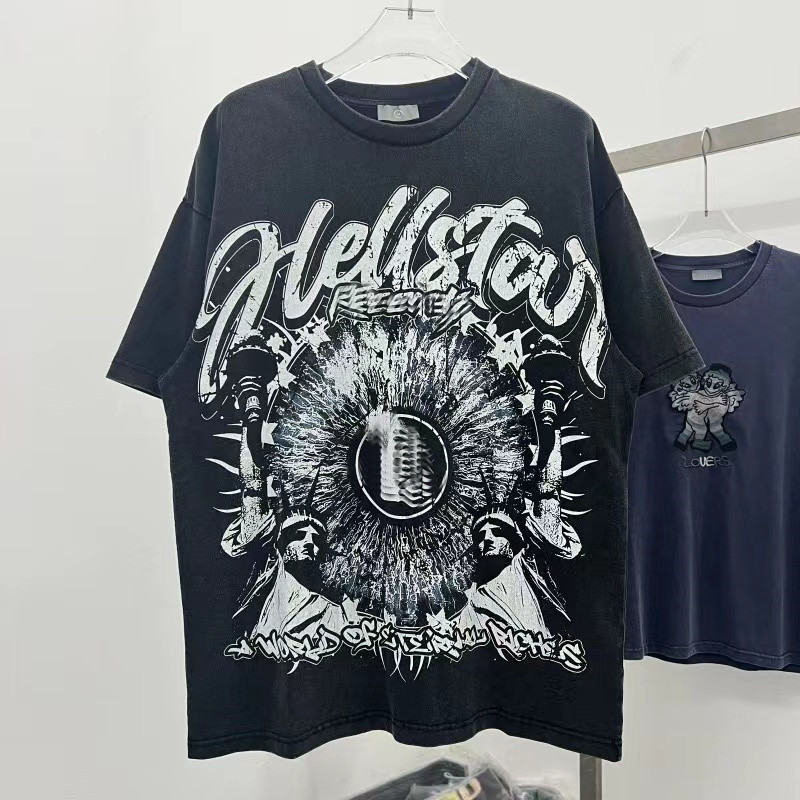 American Hell Star High Street Men's Vintage Distressed Side Face Print Loose Short-Sleeve T-Shirt Couple Top Men's Tee